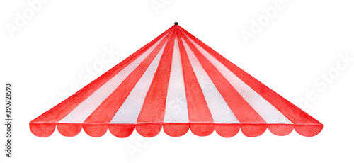Watercolor illustration of red and white striped roof of circus tent. One single object. Hand drawn watercolour graphic painting, cut out clipart element for design decoration, print, banner, card.