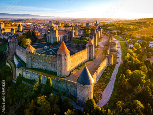 Aerial view of Carcassonne, a French fortified city in France