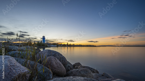 Beautiful shot of the rocky coast during sunset near Sylvan Lake in Alberta, Canada