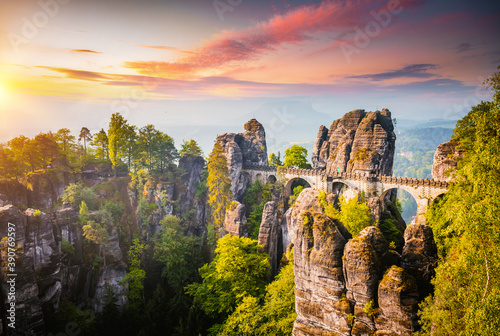 Elbe Sandstone Mountains in the evening light. Location Saxon Switzerland national park.