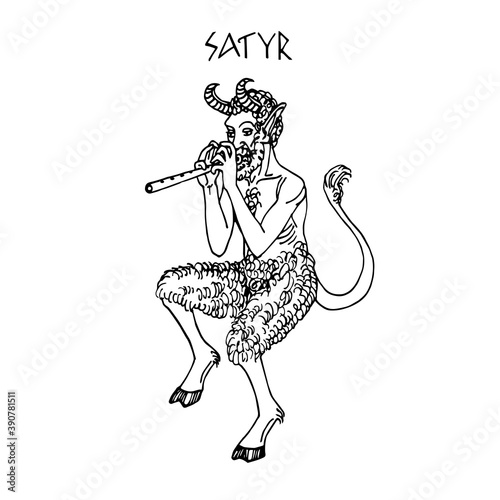 satyr ancient greek deity of forests, a mythological character, ornament element, vector illustration with black ink lines isolated on a white background in a doodle & hand drawn style