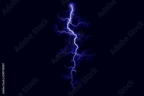 Powerful electrical discharge striking from side to side realistic illustration isolated on black transparent background. Flaming lightning strike in the dark. Electrical energy flash light effect