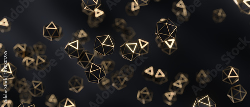 Abstract golden polyhedron particles background. 3d rendering - illustration.