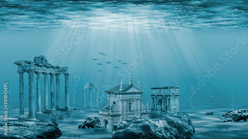 Illustration - Ruins of the Atlantis civilization. Underwater ruins