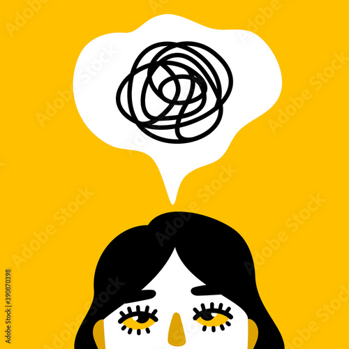 Female face with anxiety in head, depression and adhd concept. Vector illustration. Woman with mental disorder and chaos in thoughts. Frustrated or confused girl sketch.