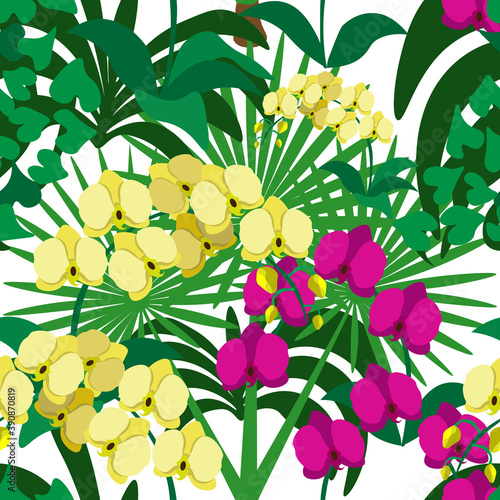Art & Illustration. Seamless floral pattern with orchids and tropical plants.