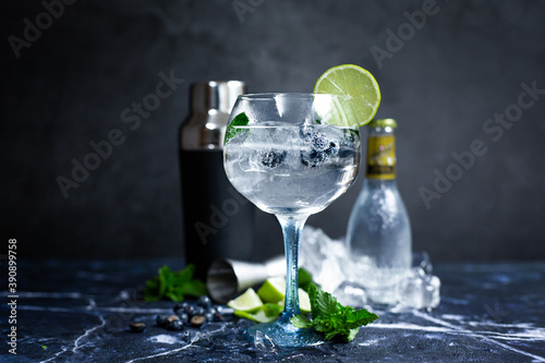 Glass of gin and tonic with mint, lime wedges and ice on a grey background