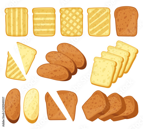 Cartoon toasts. Breakfast toasted bread, slices of bake roll, pastry wheat bakery products. Bread loaf and toasts isolated vector illustration set. Whole grain bread for sandwiches