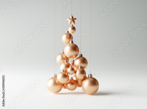 Christmas tree made of copper christmas balls on bright white background. Creative idea concept. 3d rendering