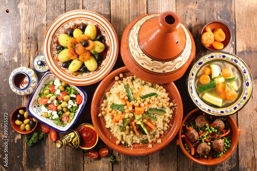 assorted of moroccan cuisine, couscous, tajine and salad