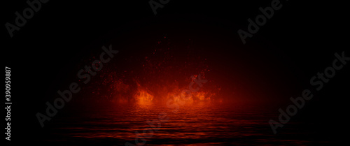 Panoramic view fire on isolated background. Perfect explosion effect for decoration and covering on black background. Concept burn flame and light texture overlays. Reflection in water