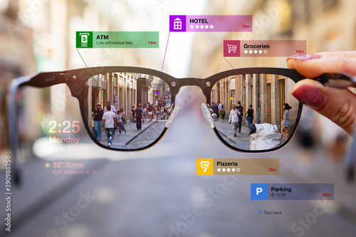 Concept of augmented reality technology being used in futuristic smart tech glasses