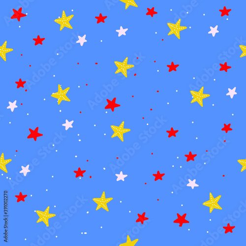 Seamless pattern with colorful starfish, blue background