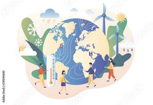 World Meteorological day. Tiny people meteorologists studying and researching weather and climate condition. Meteorology science. Modern flat cartoon style. Vector illustration on white background