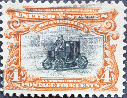 USA - Circa 1901 : a postage stamp printed in the US showing a historic electric automobile vehicle. Pan-American exposure