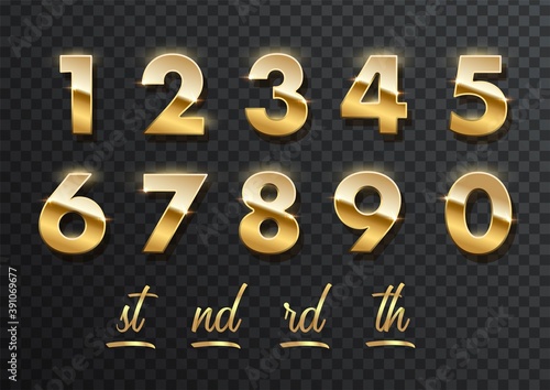 Gold numbers with endings made of golden ribbons isolated on transparent background. Vector decorative design elements