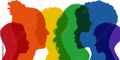 Banner silhouette group of adult people transgender men and women - homosexual - lesbian - gay - heterosexual with rainbow colors. Diversity people