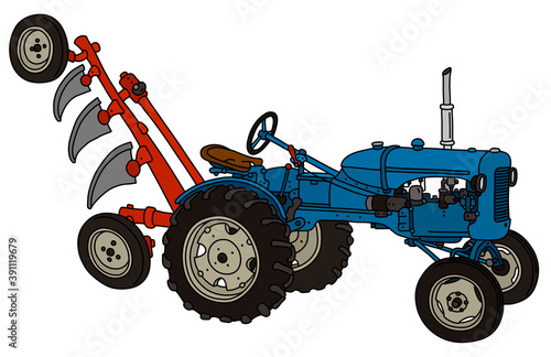 The vectorized hand drawing of a vintage blue tractor with a red plough