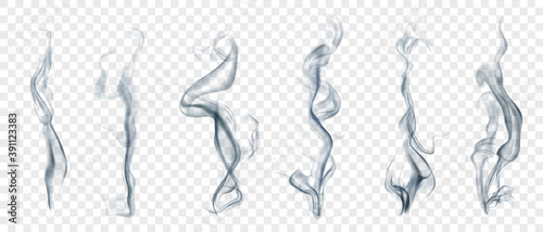 Set of several realistic transparent smoke or steam in white and gray colors, for use on light background. Transparency only in vector format
