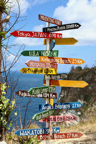Colorful wooden sign with the names of landmarks and distances in Rumah Pohon Molenteng view point, one of the most amazing spots in Nusa Penida Island, Bali, Indonesia.