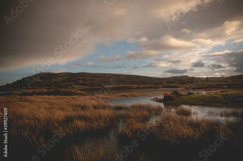  Flooded Lough Allua lake at sunset. southwest ireland. A lake lying on the river Lee which flows into Cork.