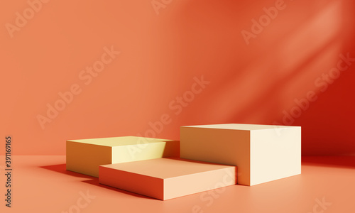 Product display podium in room with light of window background. 3D rendering