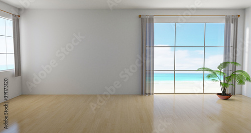 Room interior with plant on the beach outside the window, 3d illustration