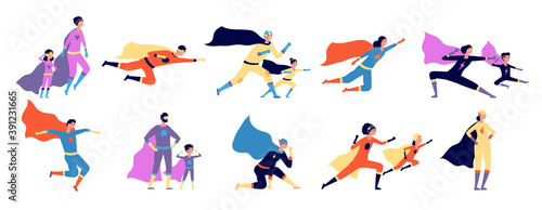 Superhero family. Parents kids in costume, strong super man characters. Isolated heroes father mother, utter cartoon power people vector set. Illustration family hero, strong kid and father mother