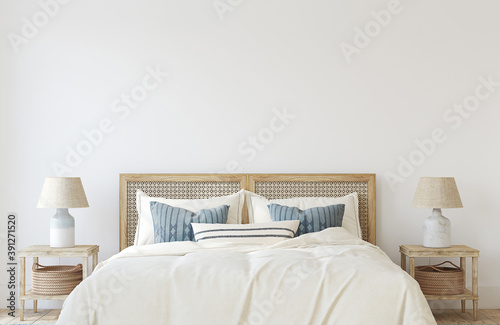 Coastal bedroom interior. 3d render.