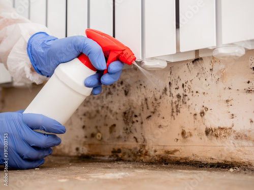 Removing Mold From Internal Walls. Elimination of mold at home under the heating battery, Clouse-up.