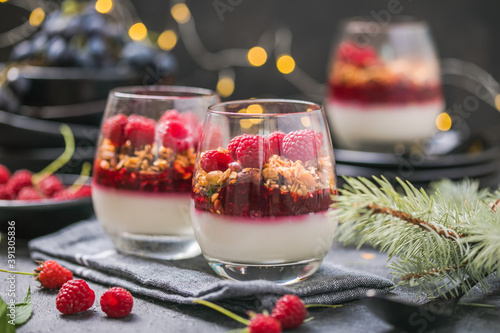 Raspberry Panna cotta or .parfait with raspberry jelly, Italian dessert, homemade cuisine. Copy space.