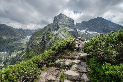 The rocky summit of Mount Kościelec with dwarf pines and a mountain path in the foreground, seen from the Karb Pass, Tatra Mountains, Poland