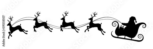 Vector Christmas black and white illustration with Santa Claus riding his sleigh pulled by reindeers.