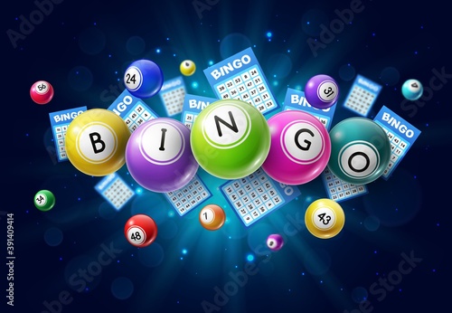 Bingo lotto game balls and lottery cards with lucky numbers on glowing background with sparkles. Vector poster for bingo lottery tv show, keno raffle and lotto win tickets gambling and win chance game