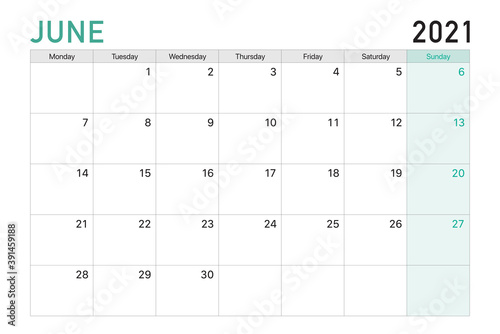 2021 June illustration vector desk calendar weeks start on Monday in light green and white theme