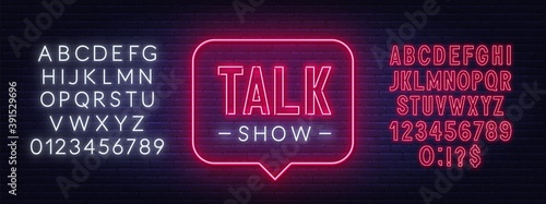 Talk show neon sign on brick wall background. White and red neon alphabets. Vector illustration.