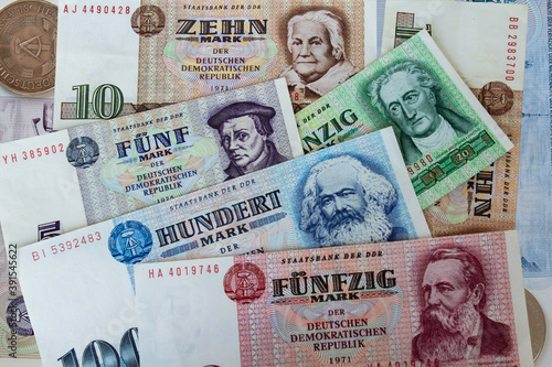 German old currency banknotes and coins