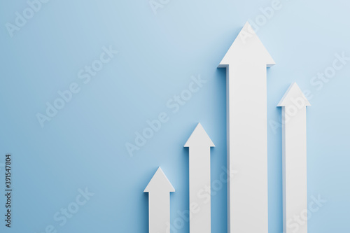 White arrow up to growth success, 3d render, progress way and forward achievement creative concept.