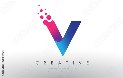 V Letter Design with Creative Dots Bubble Circles and Blue Pink Colors