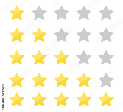 Yellow stars rating on white background. Feedback evaluation in flat design. Rank quality. Review stars symbol. Isolated top rate concept. Review rate icons on white background. Vector EPS 10.