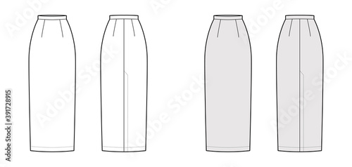 Skirt maxi pencil fullness silhouette technical fashion illustration with back slit, floor ankle lengths. Flat bottom template front, white grey color style. Women men unisex CAD mockup