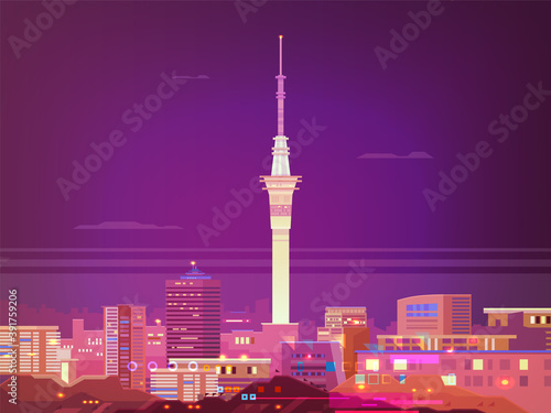 Beautiful panorama of the city on the sky tower in new zealand. Night view of the city in new zealand.