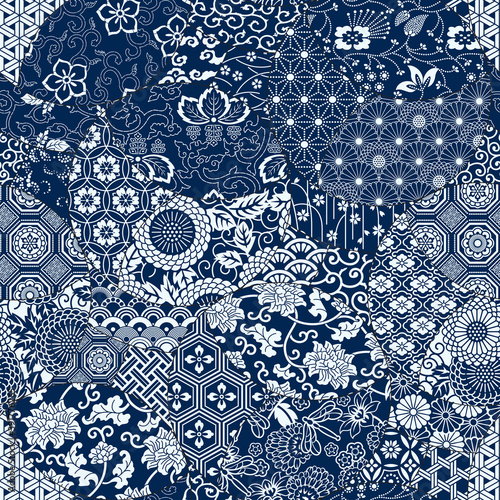 Japanese traditional fabric patchwork wallpaper abstract floral vector seamless pattern