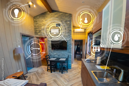 Apartment elements connected to the Smart home system. Manage your home systems using your smartphone or electronic tablet. Internet of smart things. Home automation.