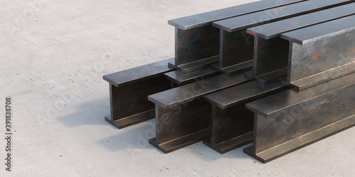 Steel beams stack on cement concrete background. 3d illustration