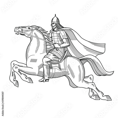 Old Russian knight with armor and helmet on horse. Heraldry. Hand drawn Isolated on white vector illustration.