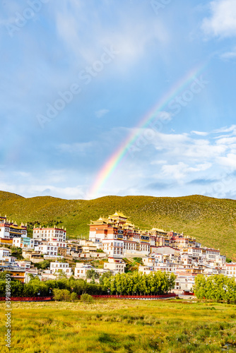 Rainbow scenery after rain at Songzanlin Temple, Shangri-La, Yunnan, China