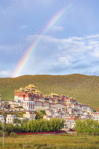 Rainbow scenery after rain at Songzanlin Temple, Shangri-La, Yunnan, China