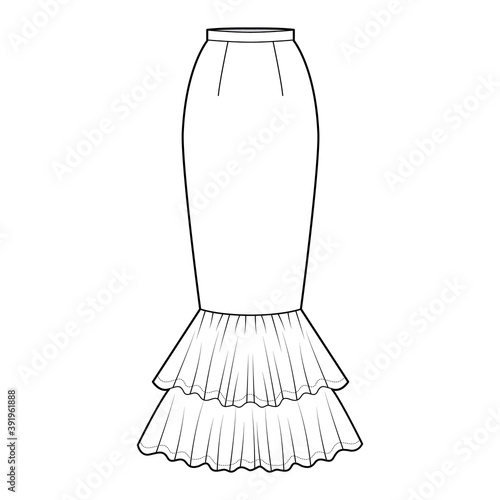 Skirt mermaid fishtail maxi technical fashion illustration with floor ankle lengths silhouette, pencil fullness. Flat bottom template front, white color style. Women men unisex CAD mockup