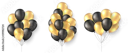 Gold black balloons. 3d realistic happy holidays flying air helium ballon mock up.